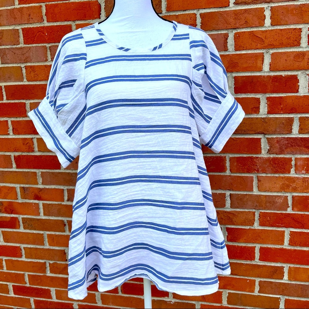 Pink Martini Blue & White Striped Light Oversized Short Sleeve Tunic Womens XS